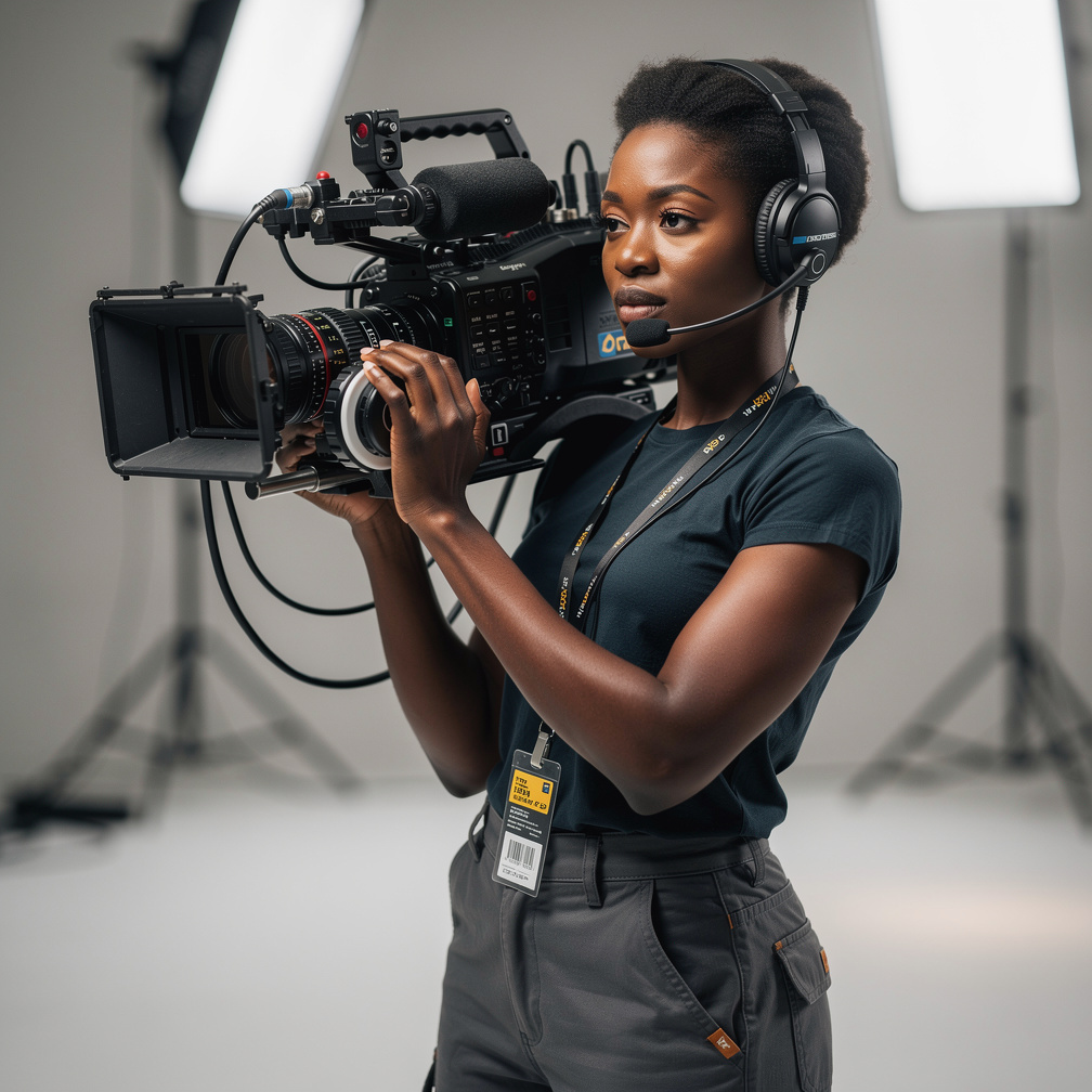 Female camera operator adjusting a broadcast video camera