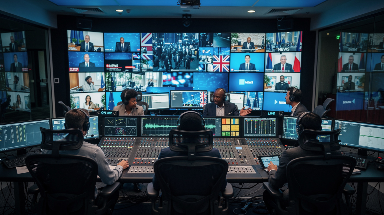 Newsroom control room with broadcast monitors and staff